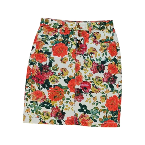Maeve by Anthropologie Denim Skirt Rose Floral Pockets Button Fly Stretch Size 8 - Picture 2 of 9